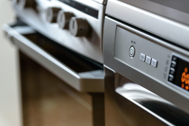 Close up of a stove and dishwasher